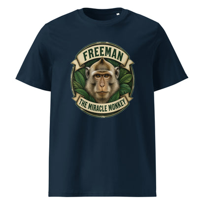 Freeman The Miracle Monkey t-shirt med abe i grønt badge i farven marineblå, set forfra