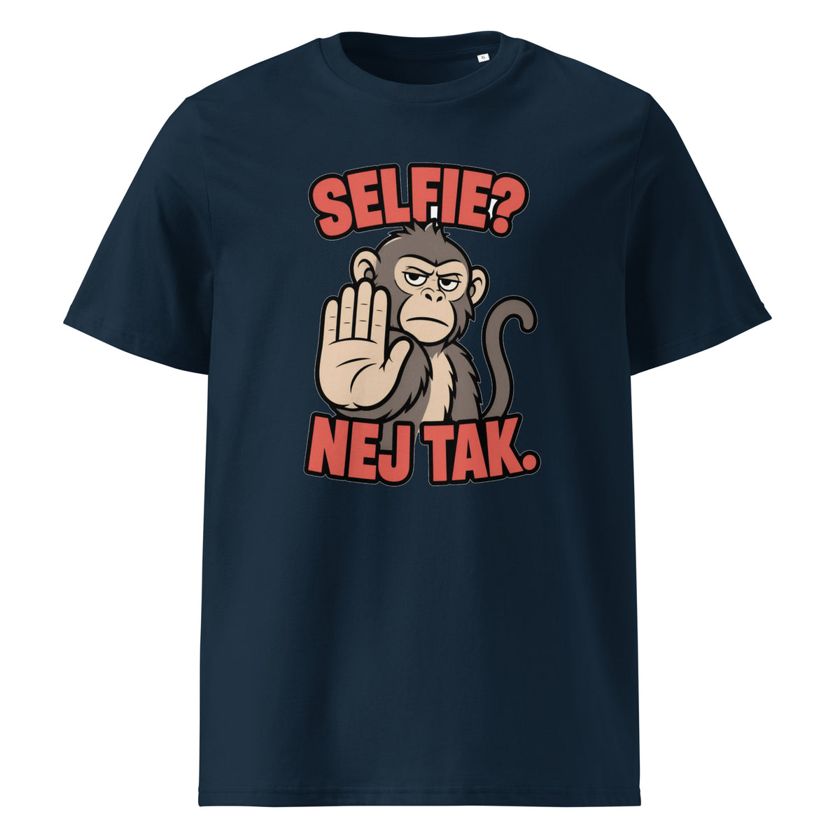 Sjov abe t-shirt med teksten Selfie? Nej tak. i farven marineblå, set forfra