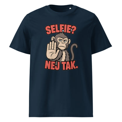 Sjov abe t-shirt med teksten Selfie? Nej tak. i farven marineblå, set forfra