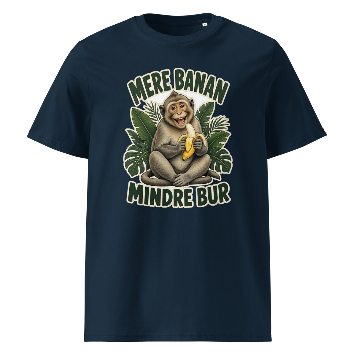 Abe t-shirt med teksten Mere banan, mindre bur i farven marineblå, set forfra