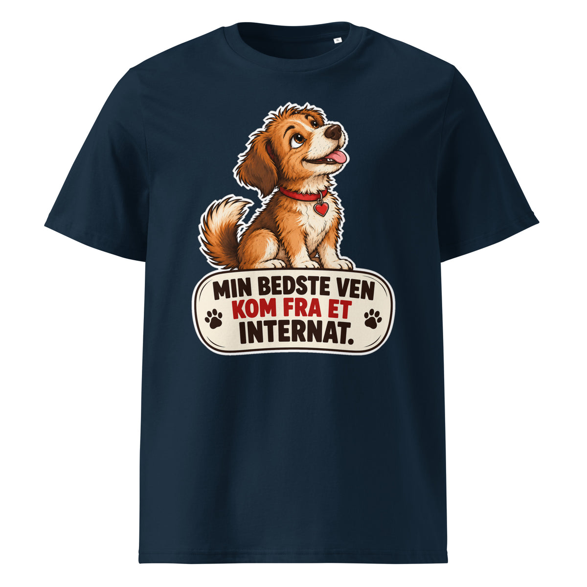 Navy unisex t-shirt med hund og teksten Min bedste ven kom fra et internat
