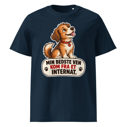 Navy unisex t-shirt med hund og teksten Min bedste ven kom fra et internat
