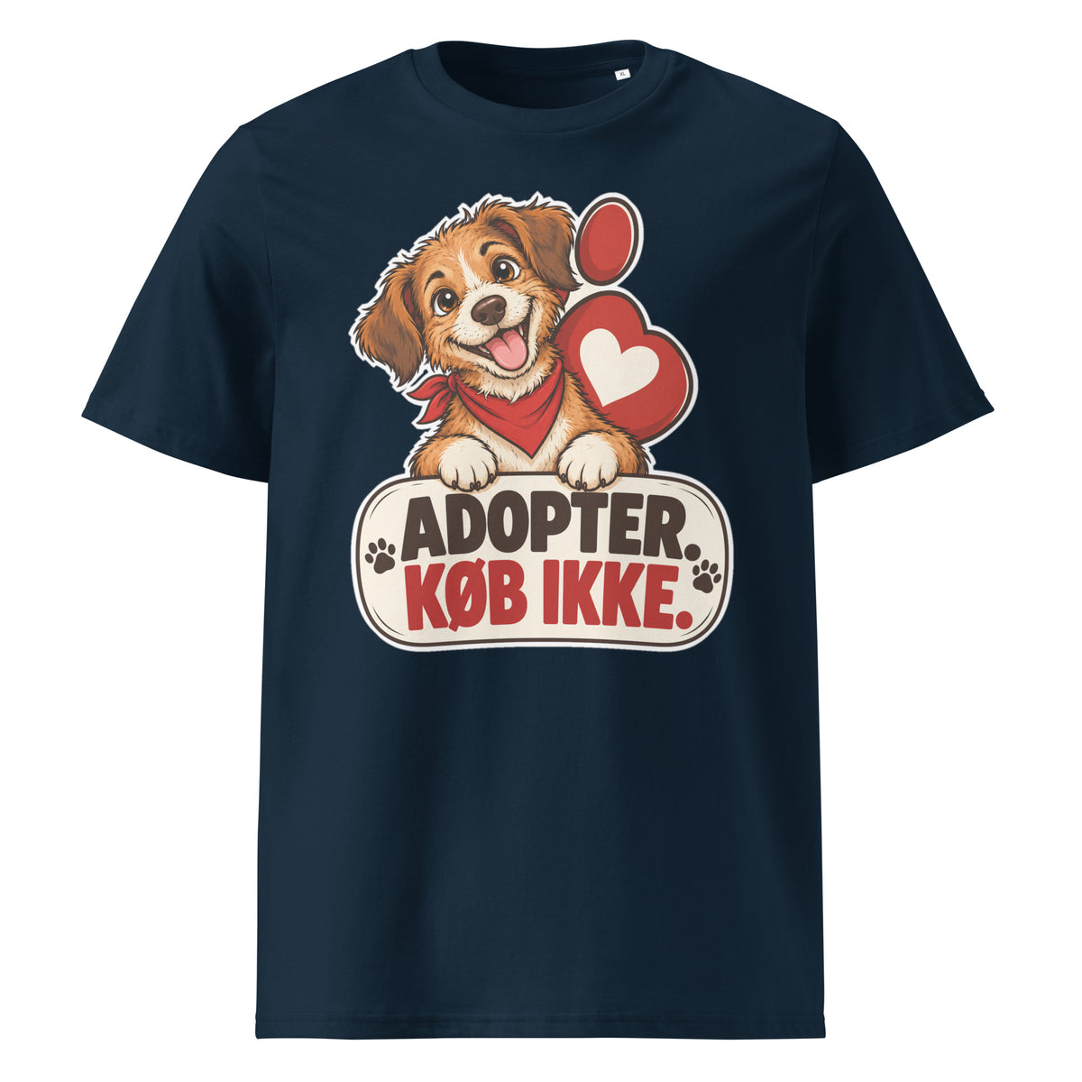 Navy t-shirt med hund og teksten Adopter. Køb ikke