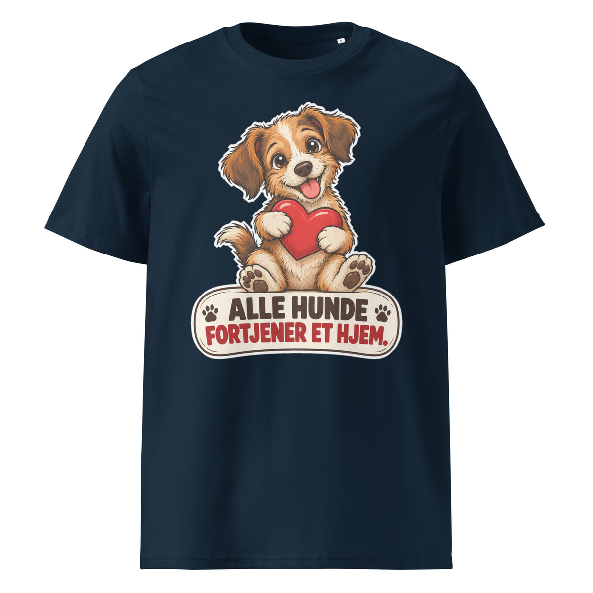 Navy t-shirt med hund og teksten Alle hunde fortjener et hjem