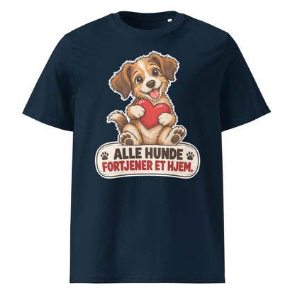 Navy t-shirt med hund og teksten Alle hunde fortjener et hjem