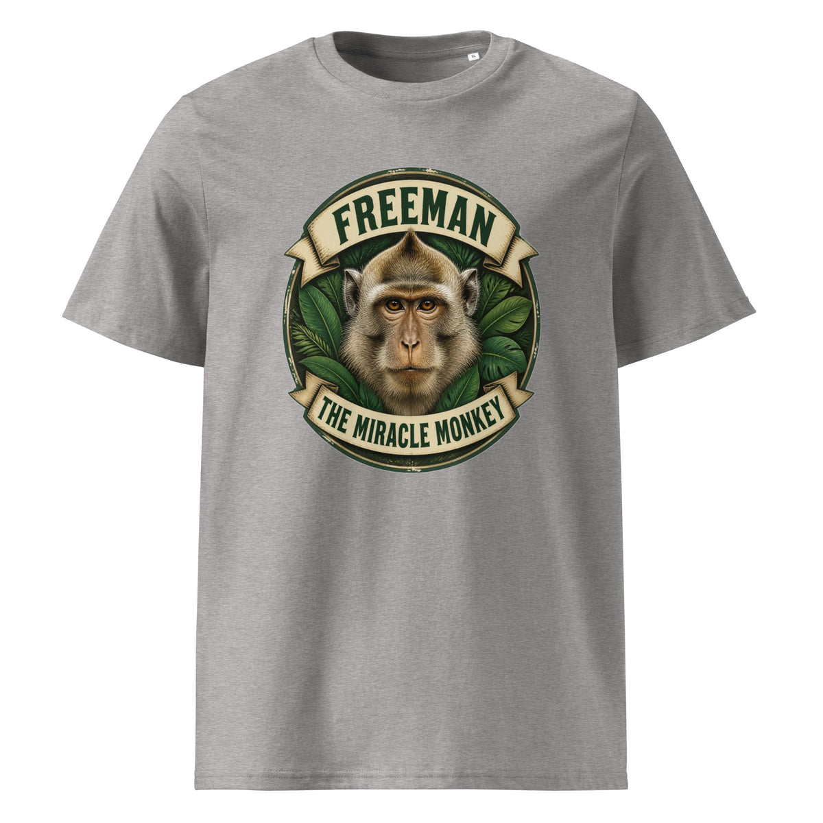 Freeman The Miracle Monkey t-shirt med abe i grønt badge i farven lysegrå meleret, set forfra
