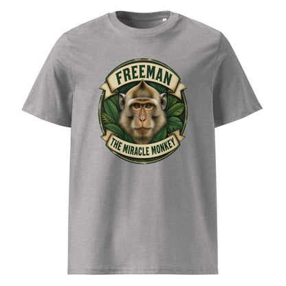 Freeman The Miracle Monkey t-shirt med abe i grønt badge i farven lysegrå meleret, set forfra