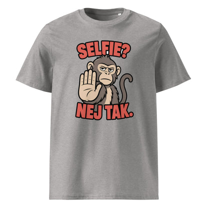 Sjov abe t-shirt med teksten Selfie? Nej tak. i farven lysegrå meleret, set forfra
