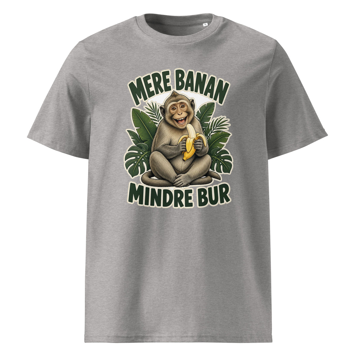 Abe t-shirt med teksten Mere banan, mindre bur i farven lysegrå meleret, set forfra