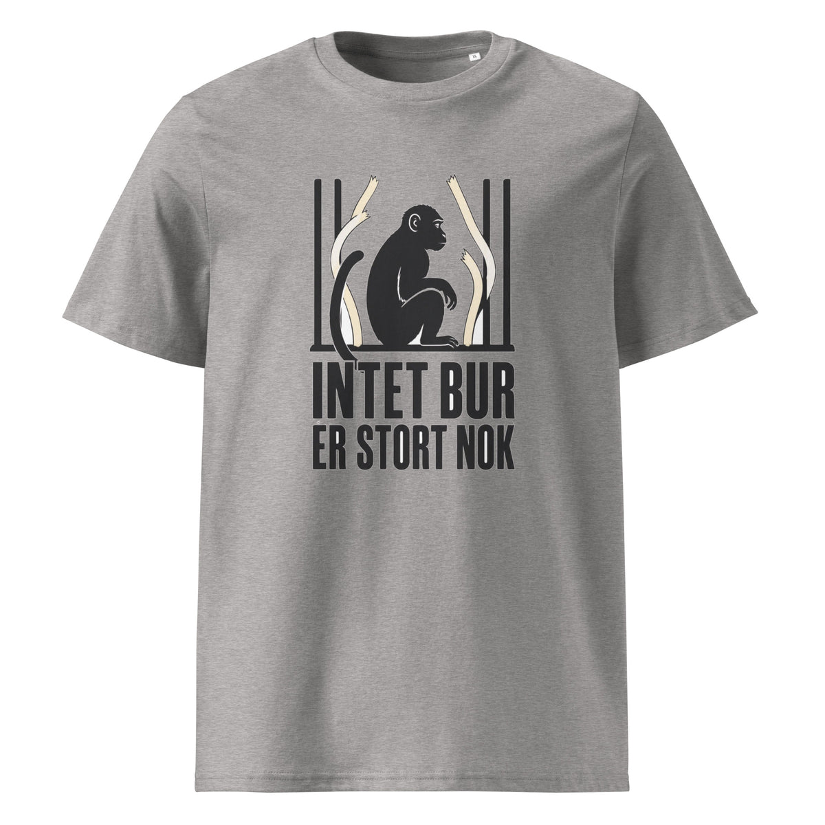 T-shirt med teksten Intet bur er stort nok i farven lysegrå meleret, set forfra