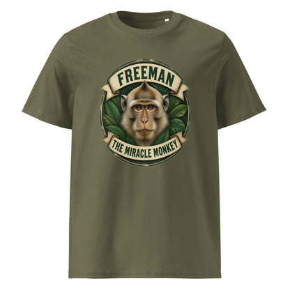 Freeman The Miracle Monkey t-shirt med abe i grønt badge i farven khaki, set forfra