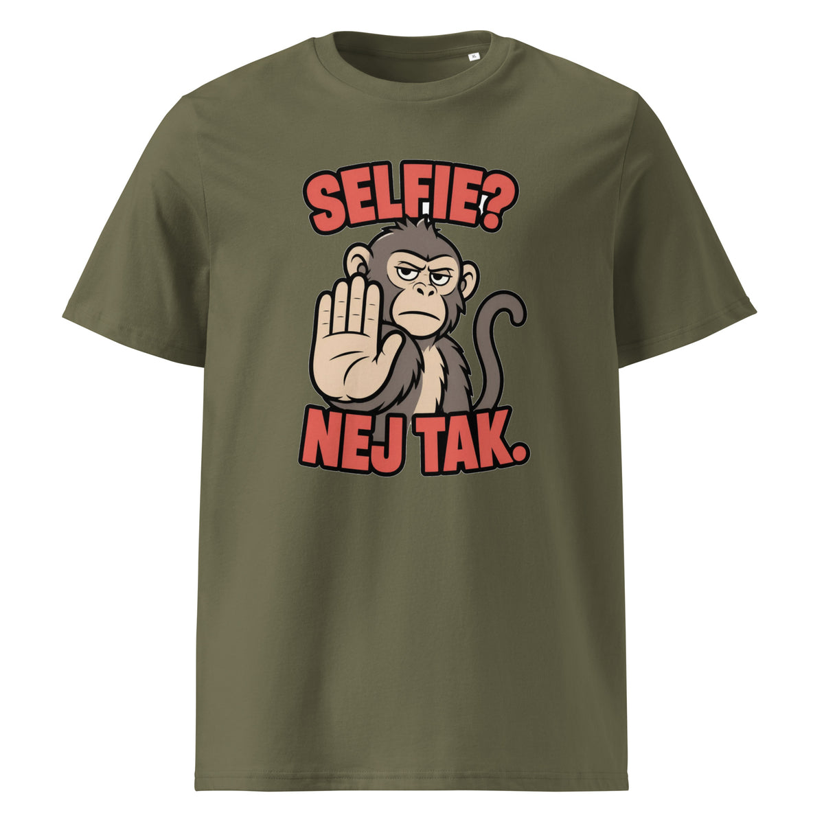 Sjov abe t-shirt med teksten Selfie? Nej tak. i farven khaki, set forfra
