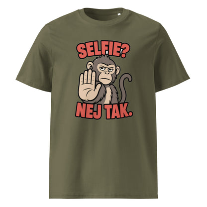 Sjov abe t-shirt med teksten Selfie? Nej tak. i farven khaki, set forfra