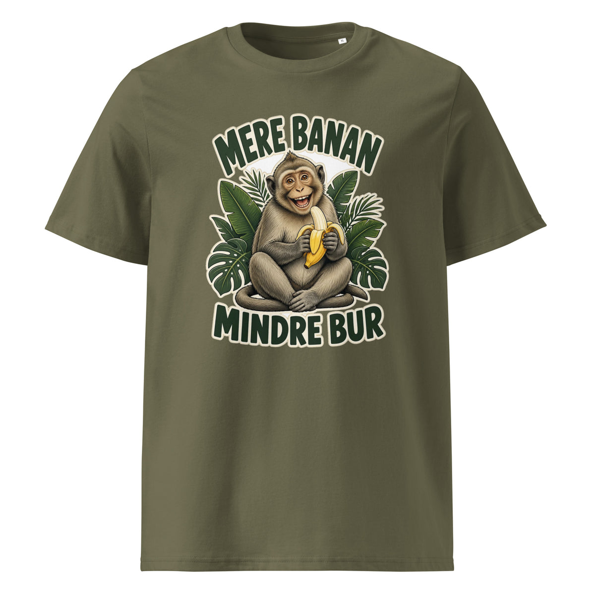 Abe t-shirt med teksten Mere banan, mindre bur i farven khaki, set forfra