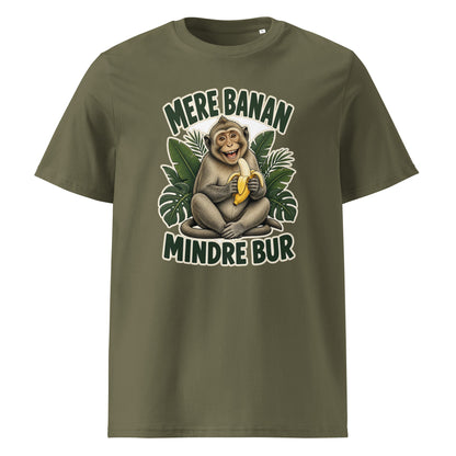 Abe t-shirt med teksten Mere banan, mindre bur i farven khaki, set forfra