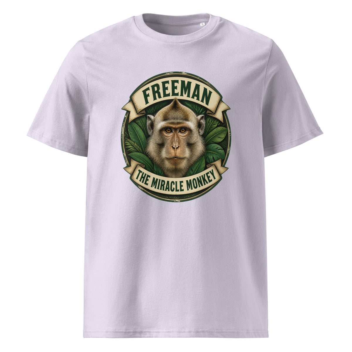 Freeman The Miracle Monkey t-shirt med abe i grønt badge i farven lavendel, set forfra
