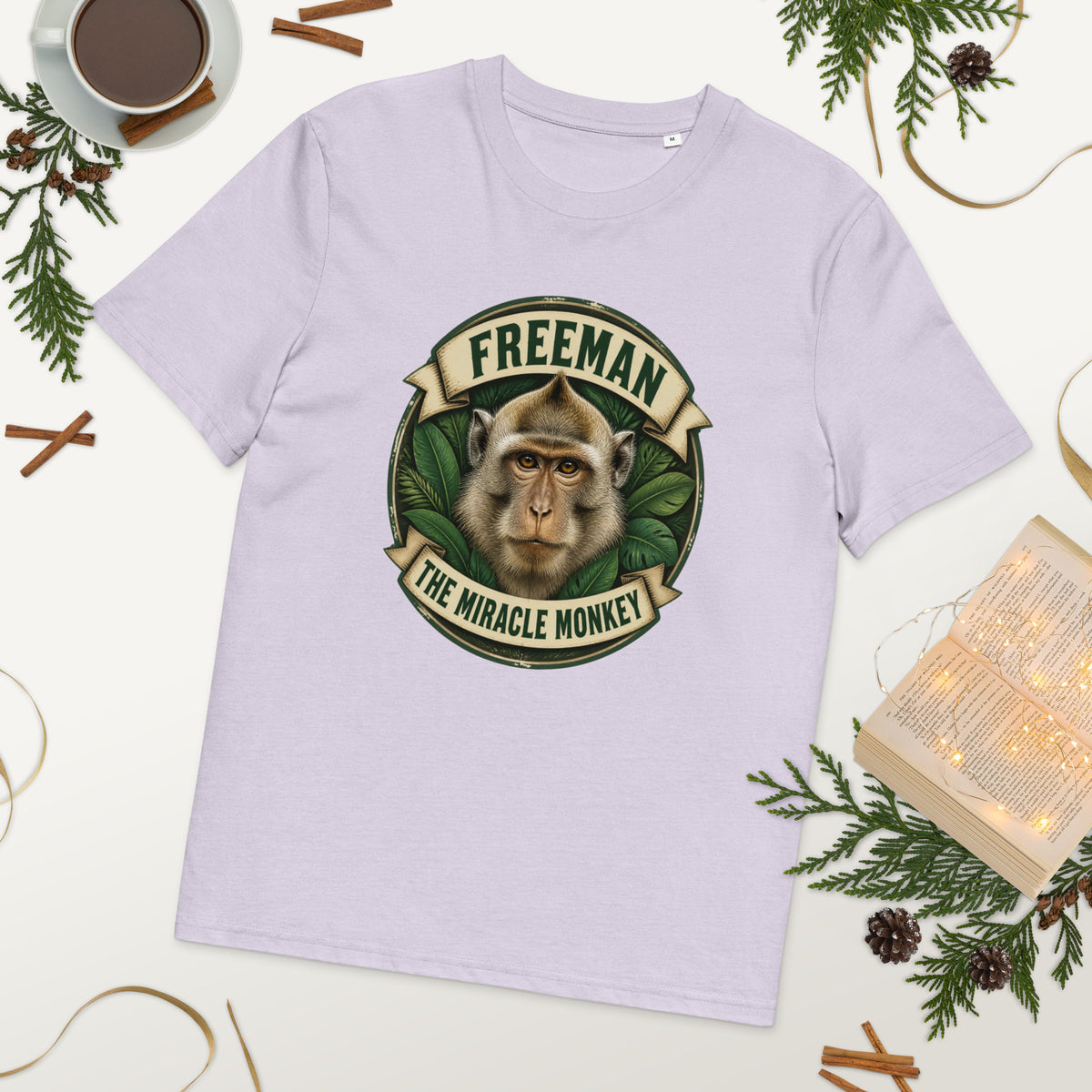 Freeman The Miracle Monkey t-shirt med abe i grønt badge i farven lavendel, lagt på et bord med kaffe og grønt