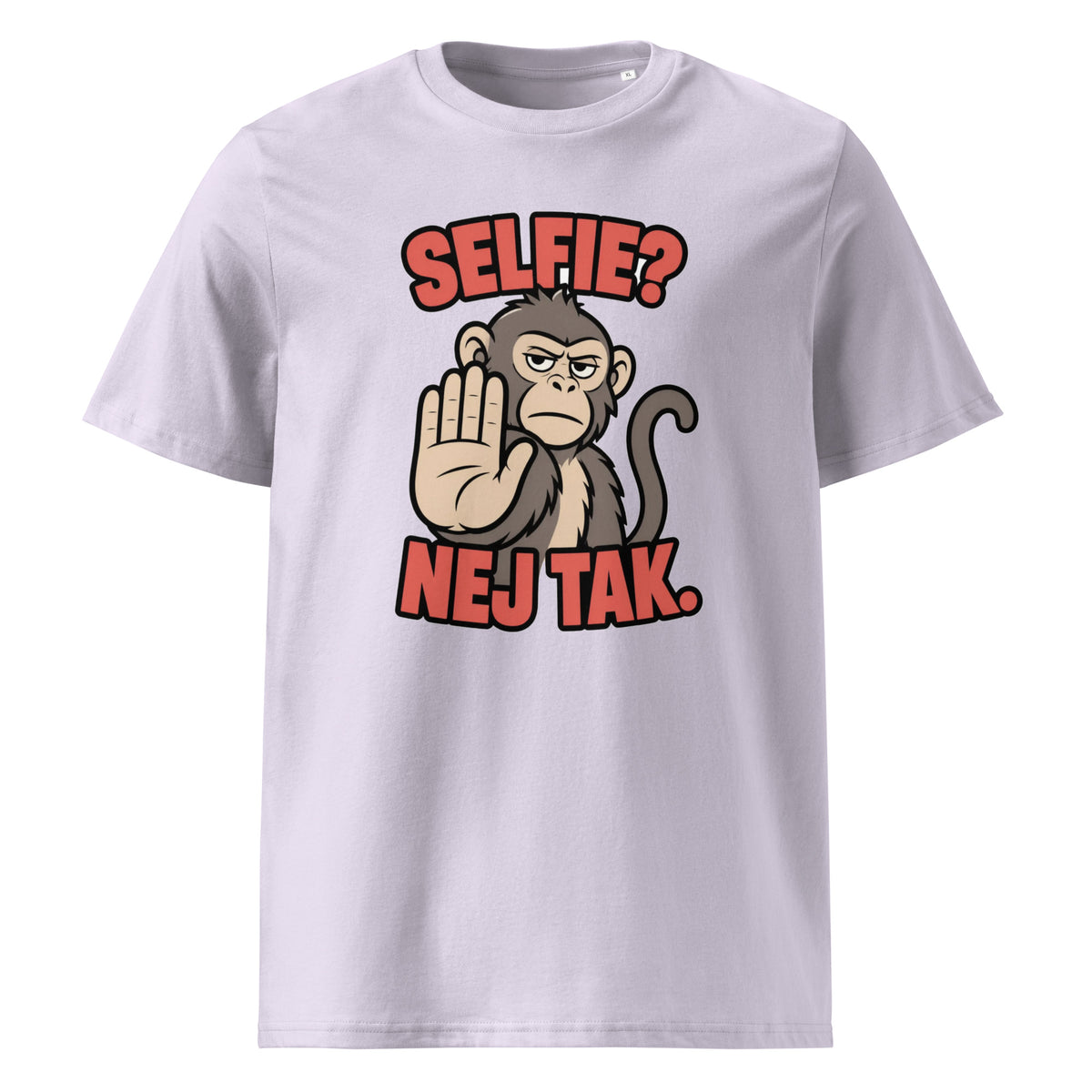Sjov abe t-shirt med teksten Selfie? Nej tak. i farven lavendel, set forfra