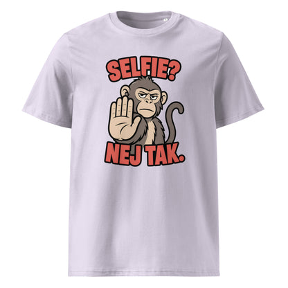 Sjov abe t-shirt med teksten Selfie? Nej tak. i farven lavendel, set forfra