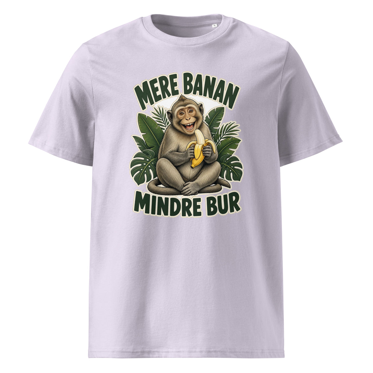 Abe t-shirt med teksten Mere banan, mindre bur i farven lavendel, set forfra
