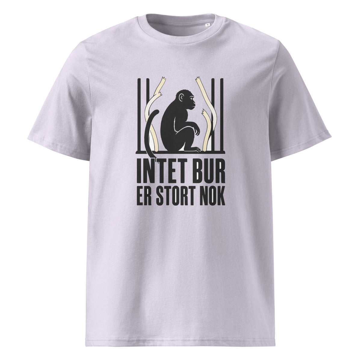 T-shirt med teksten Intet bur er stort nok i farven lavendel, set forfra