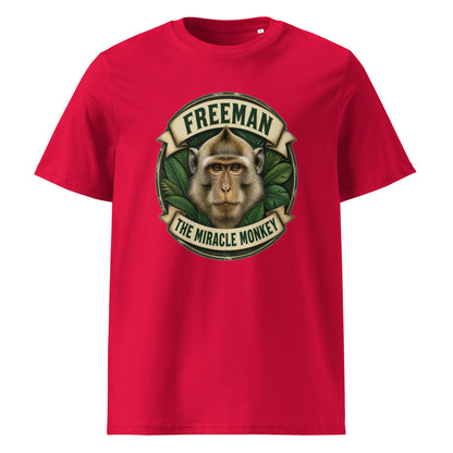 Freeman The Miracle Monkey t-shirt med abe i grønt badge i farven rød, set forfra