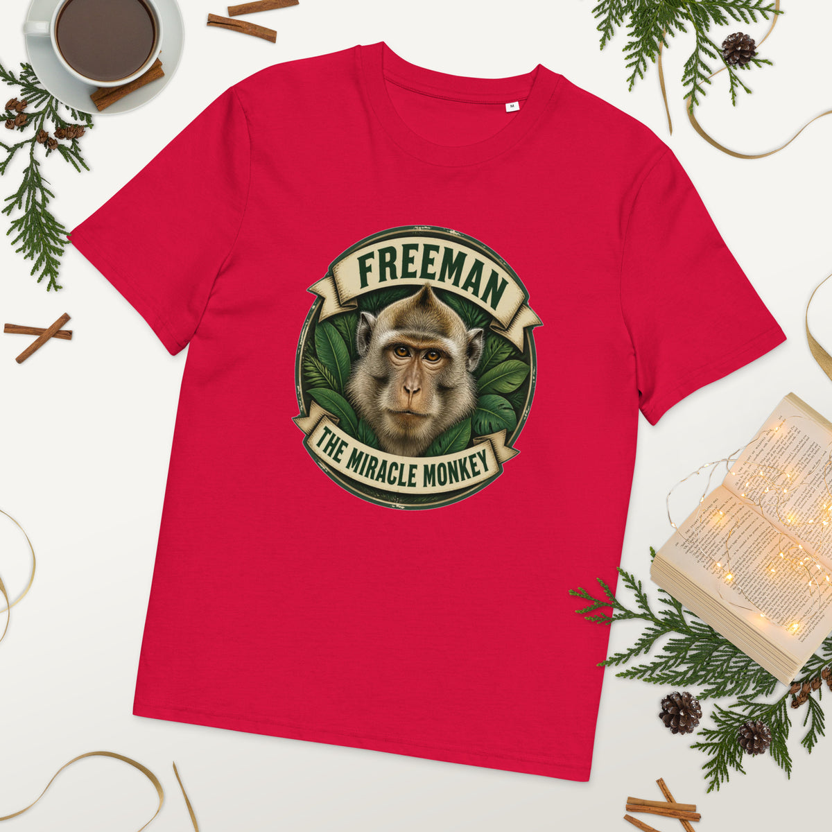 Freeman The Miracle Monkey t-shirt med abe i grønt badge i farven rød, lagt på et bord med kaffe og grønt