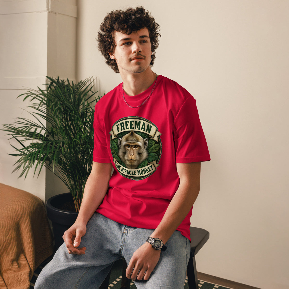 Freeman The Miracle Monkey t-shirt med abe i grønt badge i farven rød, båret af en ung mand