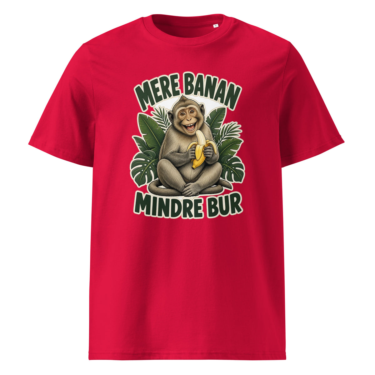 Abe t-shirt med teksten Mere banan, mindre bur i farven rød, set forfra