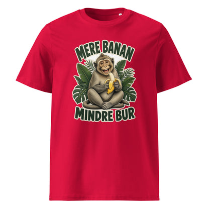 Abe t-shirt med teksten Mere banan, mindre bur i farven rød, set forfra