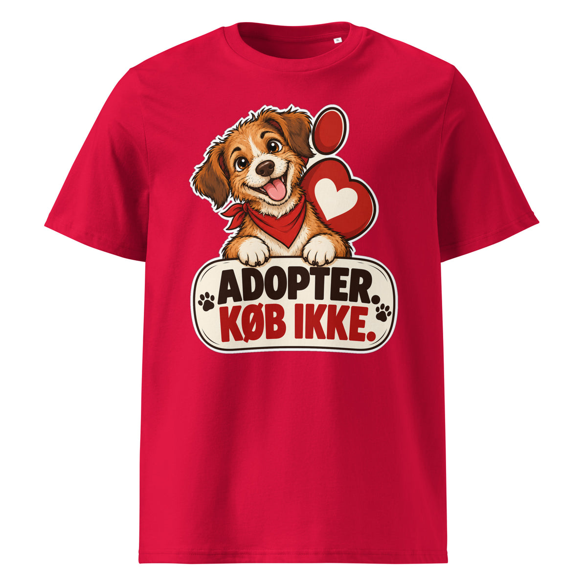 Rød t-shirt med hund og teksten Adopter. Køb ikke