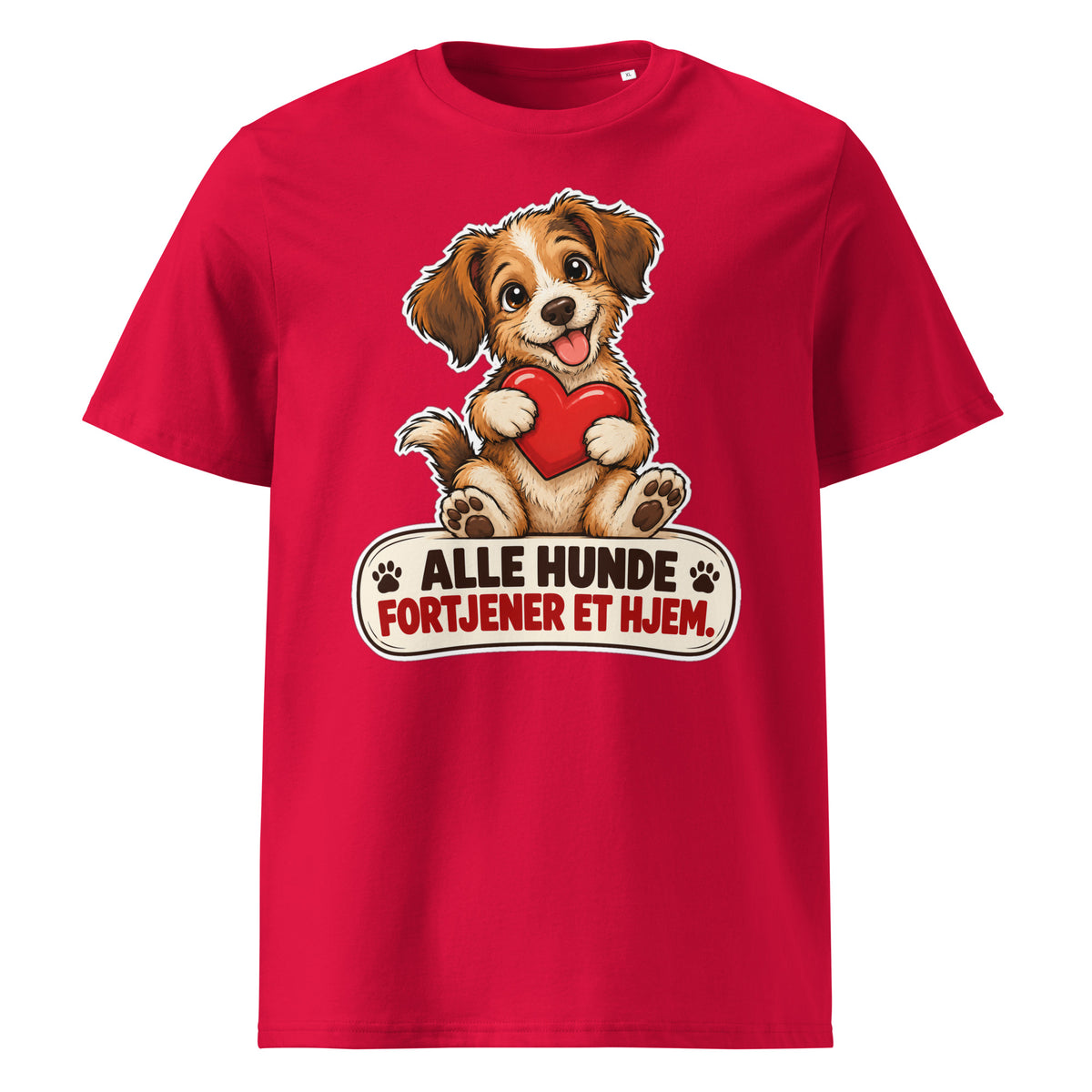 Rød t-shirt med hund og teksten Alle hunde fortjener et hjem