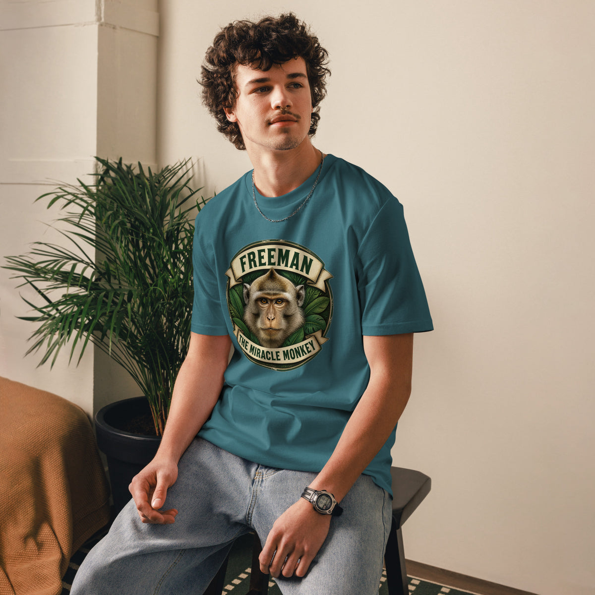 Freeman The Miracle Monkey t-shirt med abe i grønt badge i farven petroleumsblå, båret af en ung mand