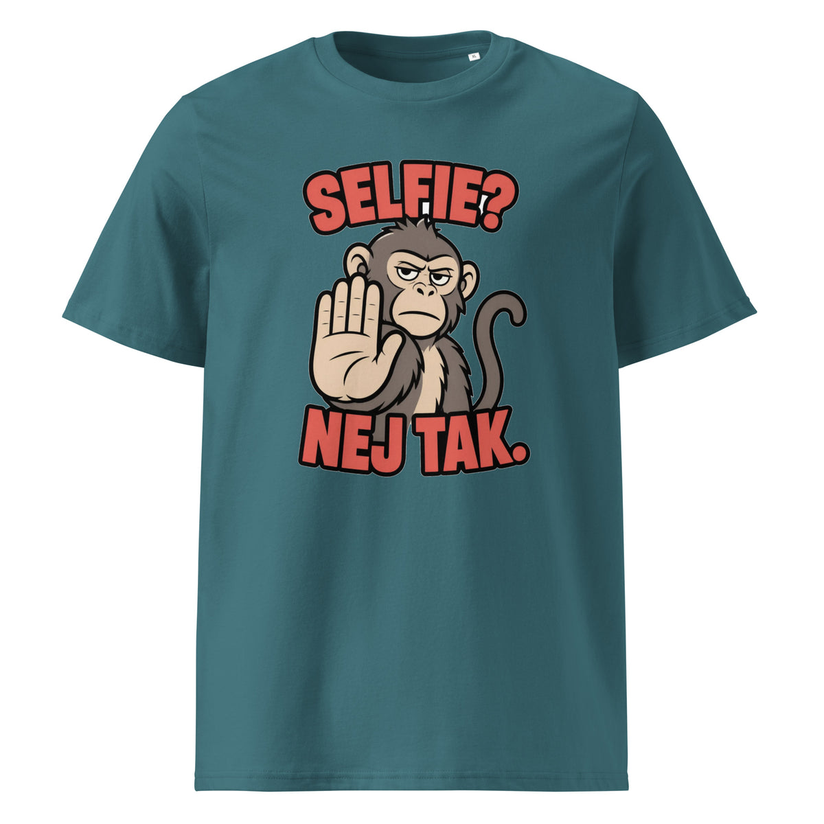 Sjov abe t-shirt med teksten Selfie? Nej tak. i farven petroleumsblå, set forfra