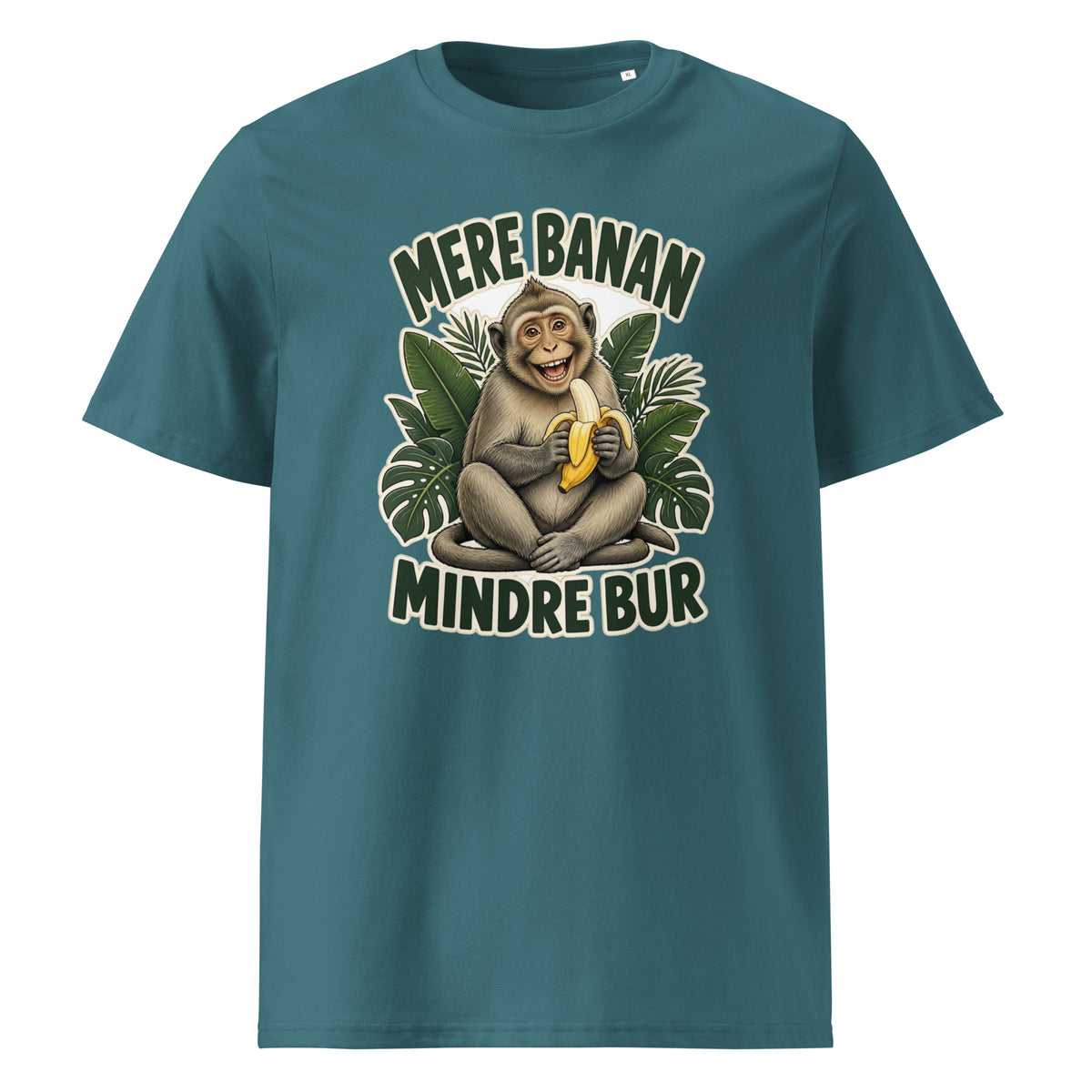 Abe t-shirt med teksten Mere banan, mindre bur i farven petroleumsblå, set forfra