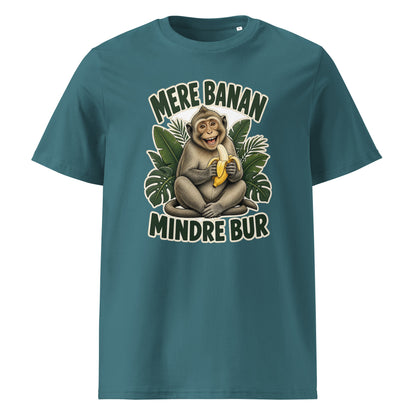 Abe t-shirt med teksten Mere banan, mindre bur i farven petroleumsblå, set forfra