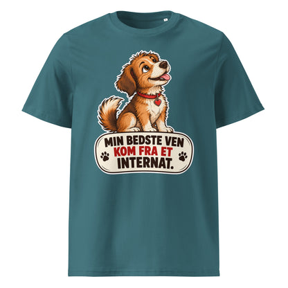 Stålblå t-shirt med hund og teksten Min bedste ven kom fra et internat