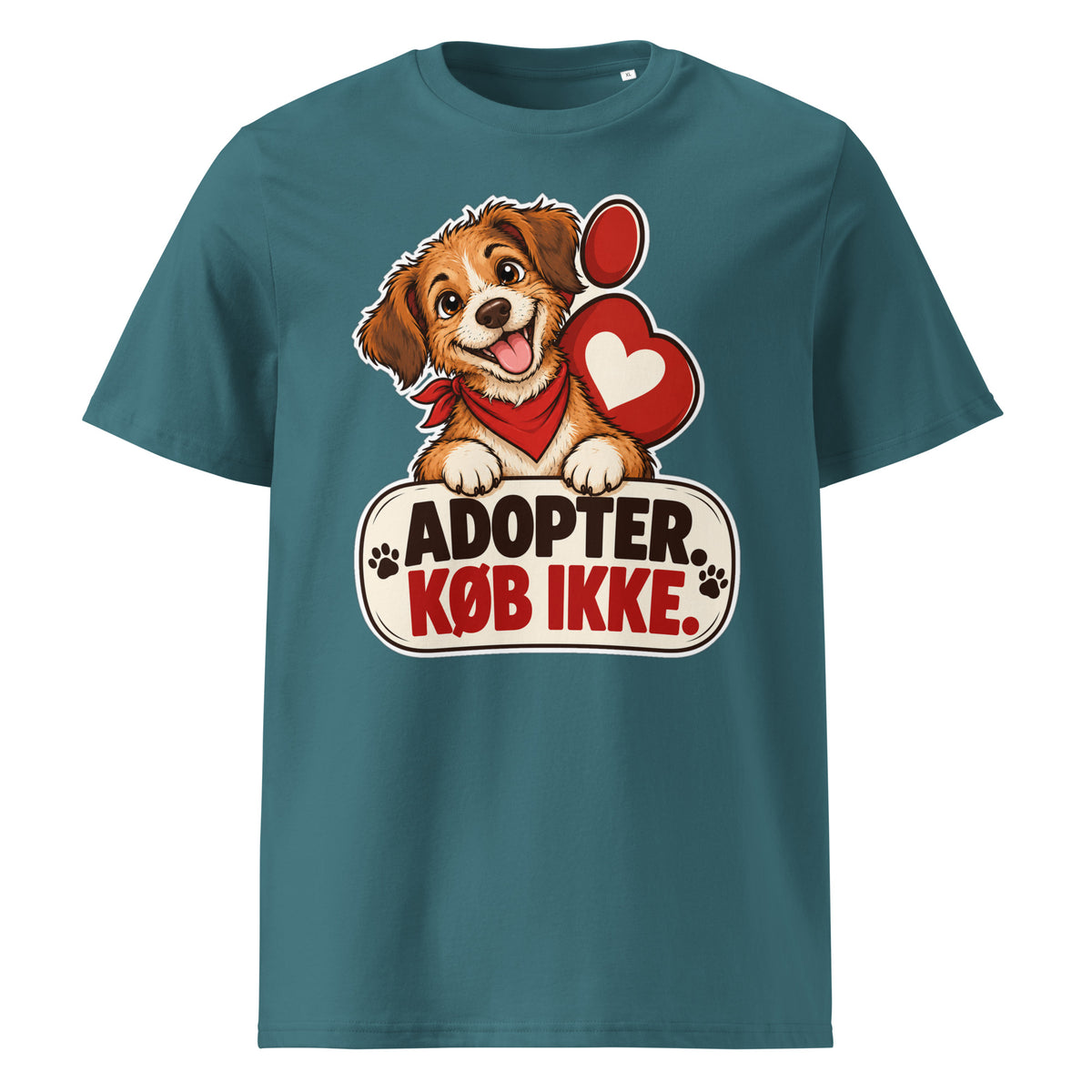 Stålblå t-shirt med hund og teksten Adopter. Køb ikke