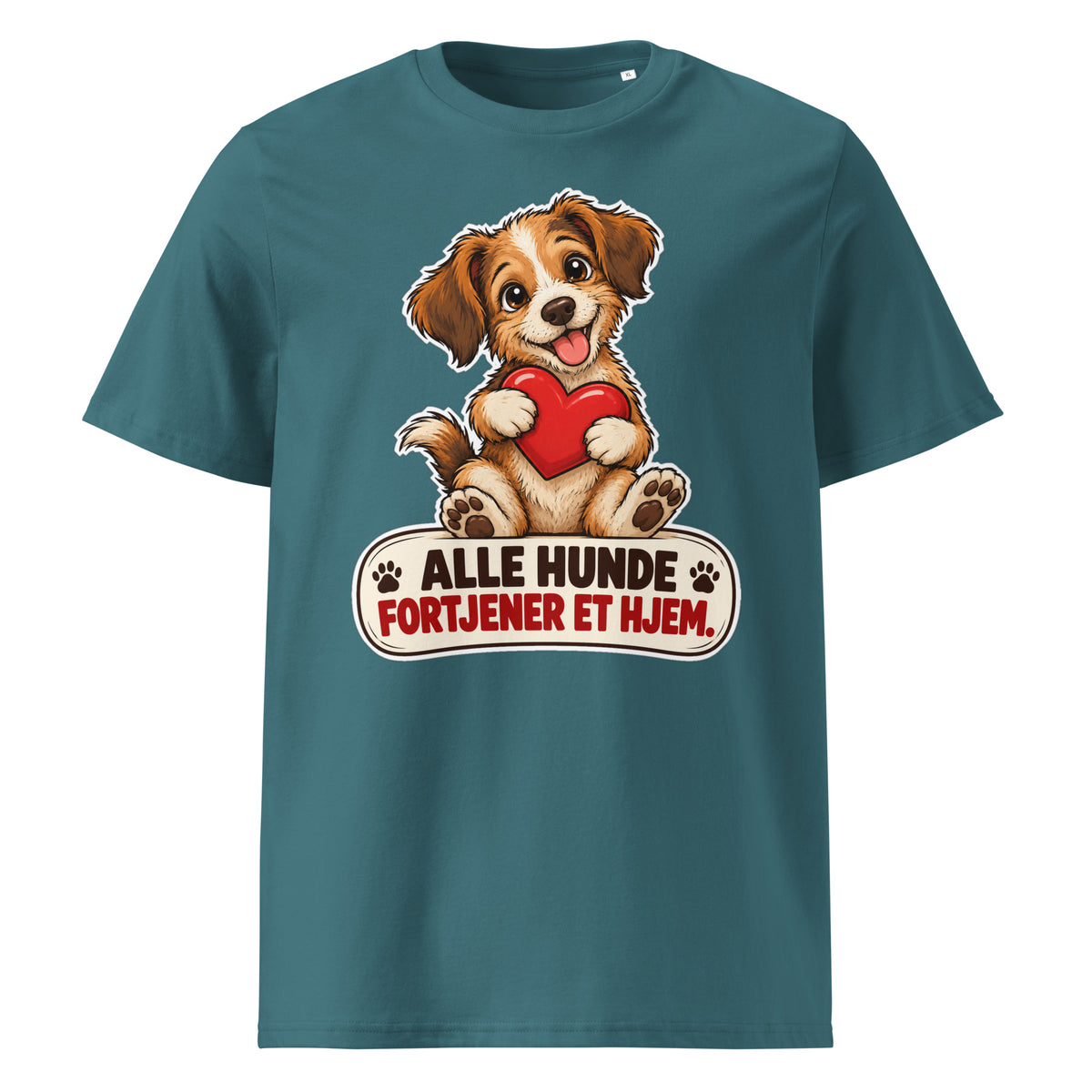 Stålblå t-shirt med hund og teksten Alle hunde fortjener et hjem