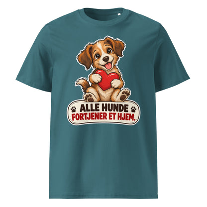 Stålblå t-shirt med hund og teksten Alle hunde fortjener et hjem