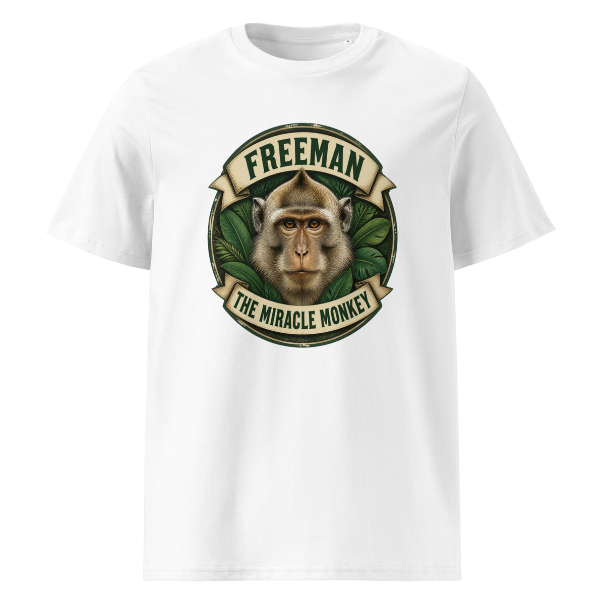 Freeman The Miracle Monkey t-shirt med abe i grønt badge i farven hvid, set forfra