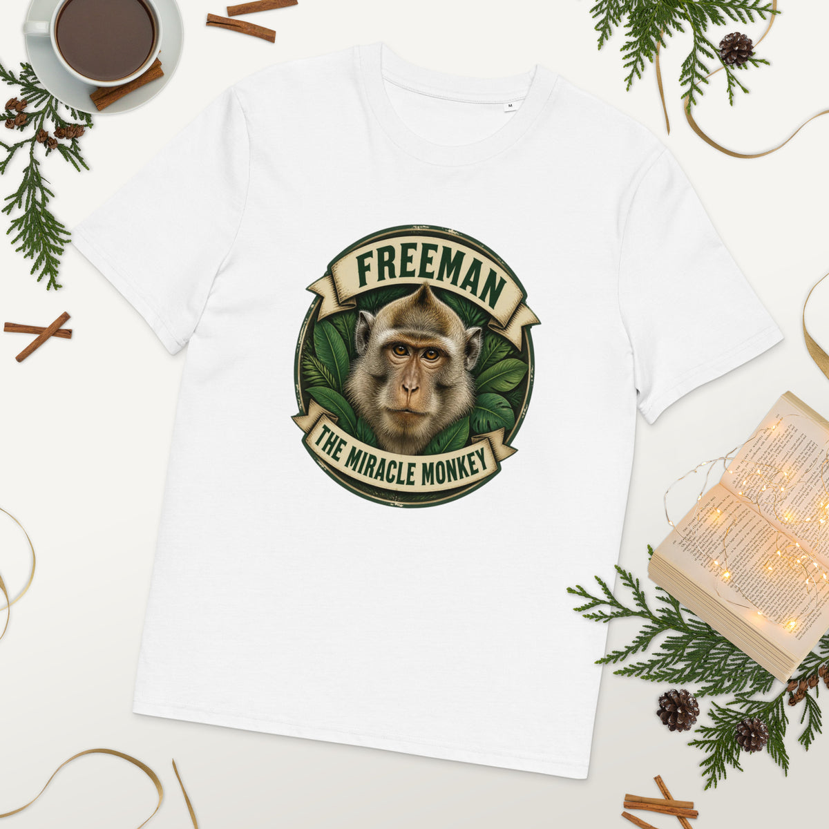 Freeman The Miracle Monkey t-shirt med abe i grønt badge i farven hvid, lagt på et bord med kaffe og grønt