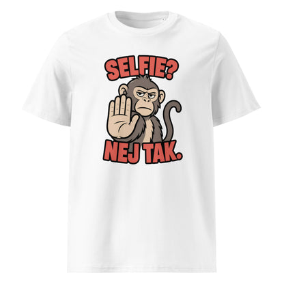 Sjov abe t-shirt med teksten Selfie? Nej tak. i farven hvid, set forfra