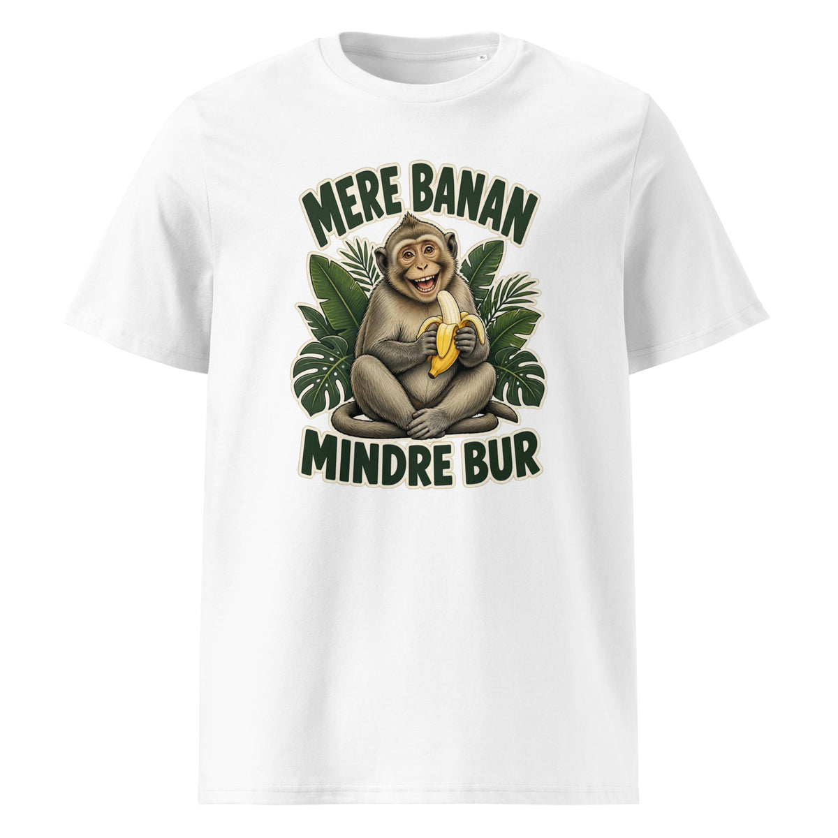 Abe t-shirt med teksten Mere banan, mindre bur i farven hvid, set forfra