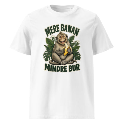 Abe t-shirt med teksten Mere banan, mindre bur i farven hvid, set forfra