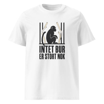 T-shirt med teksten Intet bur er stort nok i farven hvid, set forfra
