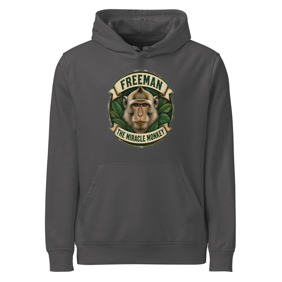 Hættetrøje med Freeman The Miracle Monkey badge med en abe i grønt i farven antracit, set forfra