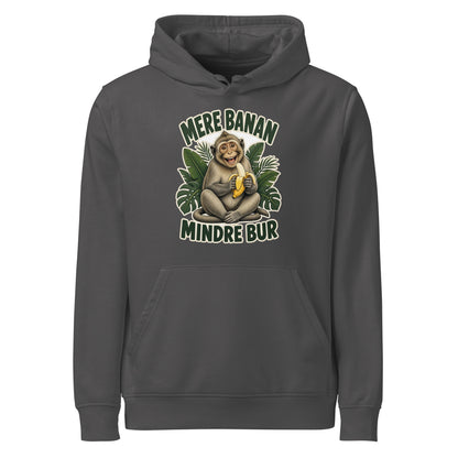 Hættetrøje med teksten Mere banan, mindre bur og en glad abe med en banan i farven antracit, set forfra