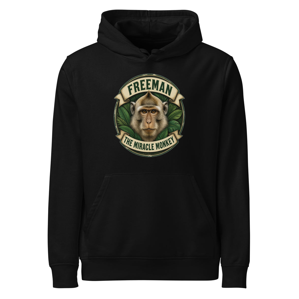 Hættetrøje med Freeman The Miracle Monkey badge med en abe i grønt i farven sort, set forfra
