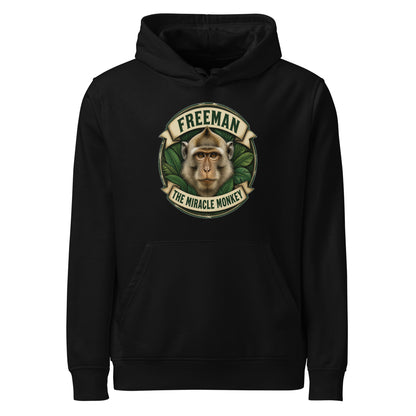 Hættetrøje med Freeman The Miracle Monkey badge med en abe i grønt i farven sort, set forfra